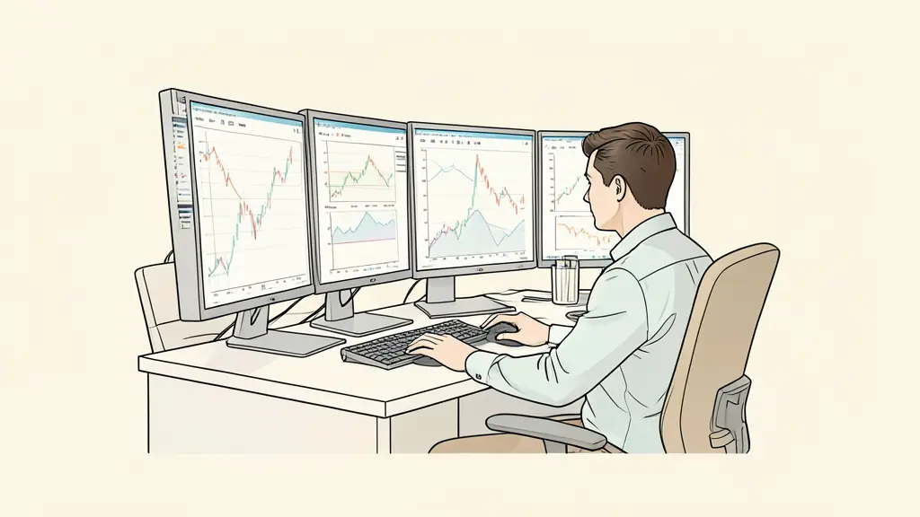 A professional trading workstation with multiple monitors displaying futures charts and a focused trader in a home office, editorial style, high quality
