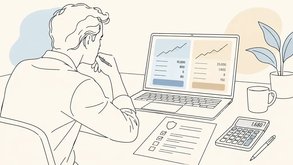 A trader comparing two evaluation plans on a laptop, a printed risk checklist beside the keyboard, a calculator showing account cost calculations