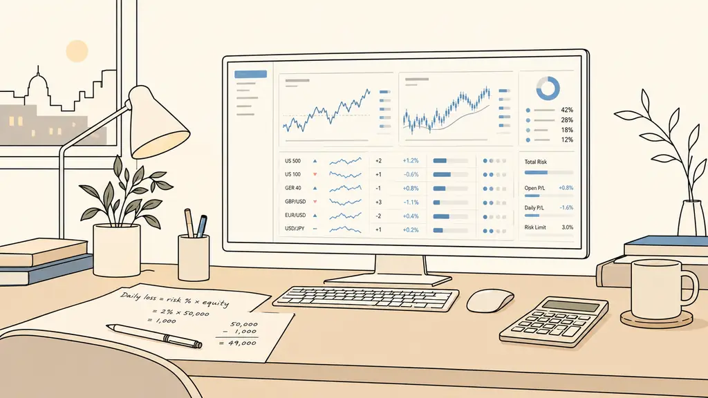 Close-up of a trading risk dashboard with open index and currency positions, a calculator beside a handwritten daily loss formula, evening home office lighting