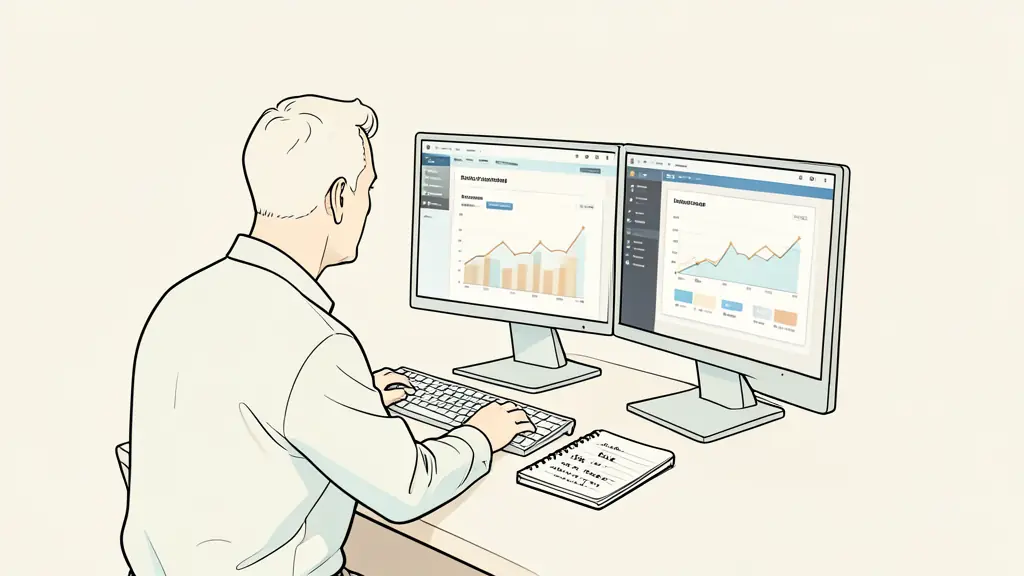 trader reviewing a virtual account dashboard on two monitors, drawdown figures visible as charts, risk notes written in a notebook, no text or logo