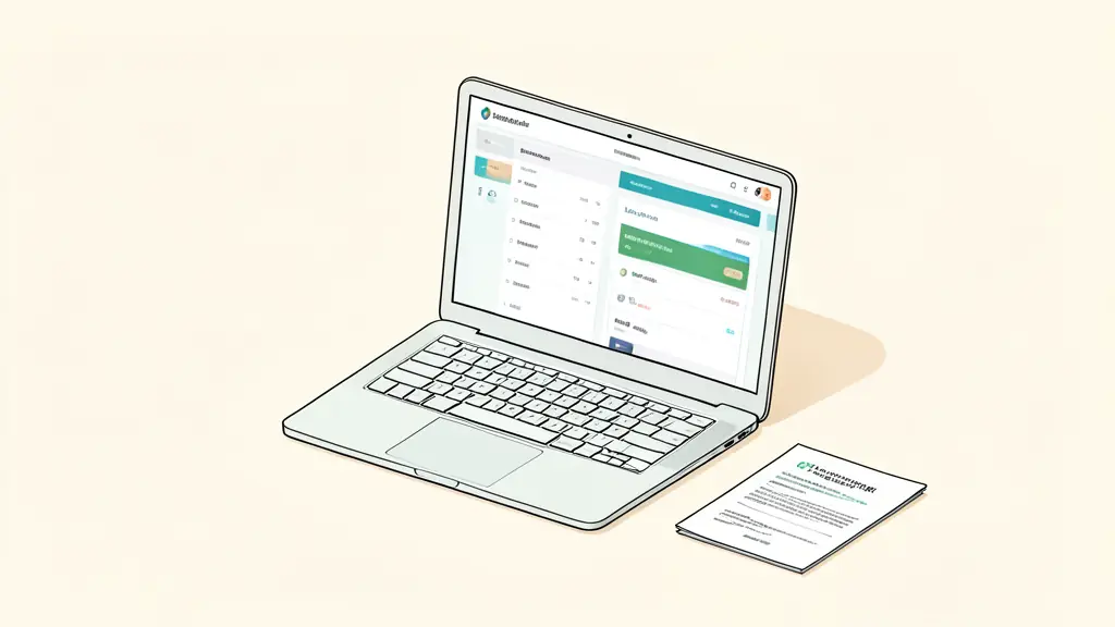 publisher reviewing an affiliate dashboard on a laptop, referral link analytics on screen, printed commission contract beside the keyboard, no text or logo