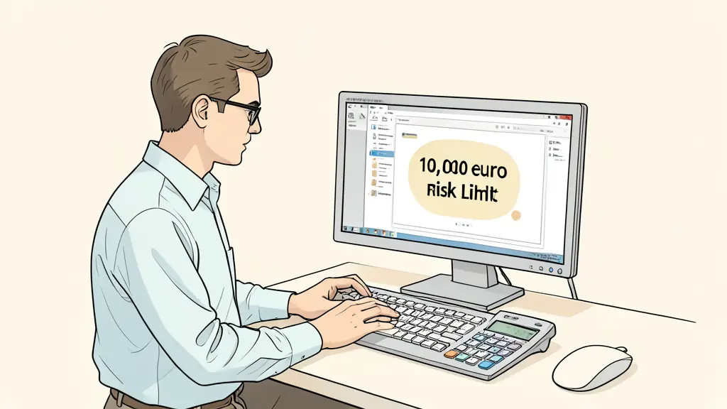 Editorial photograph of a trader reviewing a 100,000 euro simulated account, a 10,000 euro risk limit highlighted on a monitor, position sizing calculator beside the keyboard, no text or logo