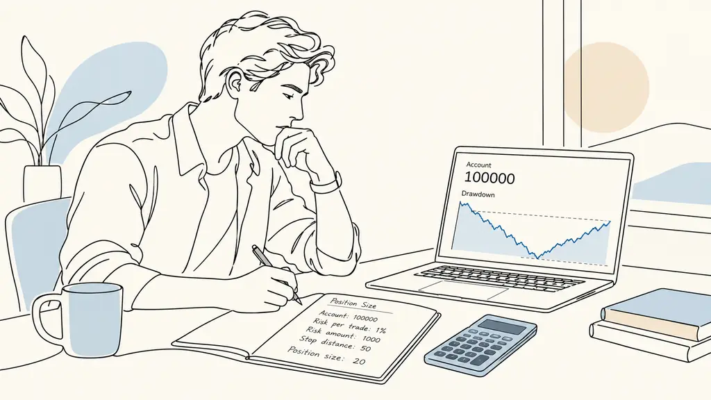 A trader calculating risk beside a laptop, a 100000 account figure and drawdown chart visible without logos, calculator and position notes on the desk