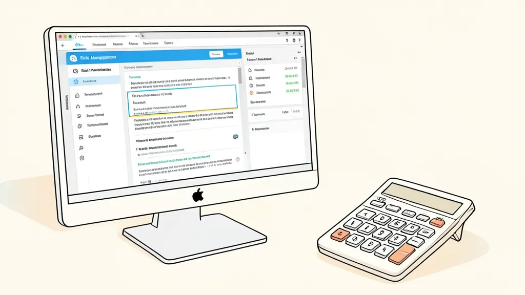 A close-up of a professional trading screen showing a strict risk management dashboard, a digital contract with highlighted clauses, and a financial calculator on a desk.