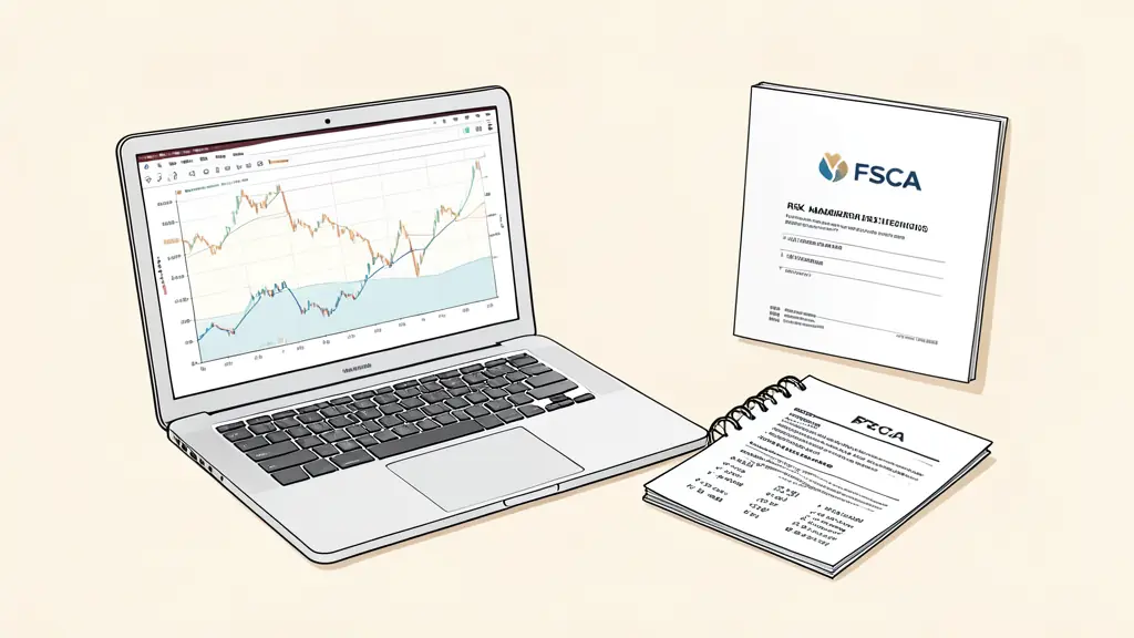 A professional trading workspace with a laptop showing MT5 charts, a notebook with risk management calculations, and a legal document with the FSCA logo in the background