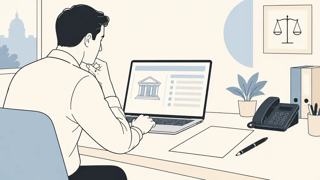 trader checking a company registry on a laptop beside a blank legal information page and an unanswered support phone