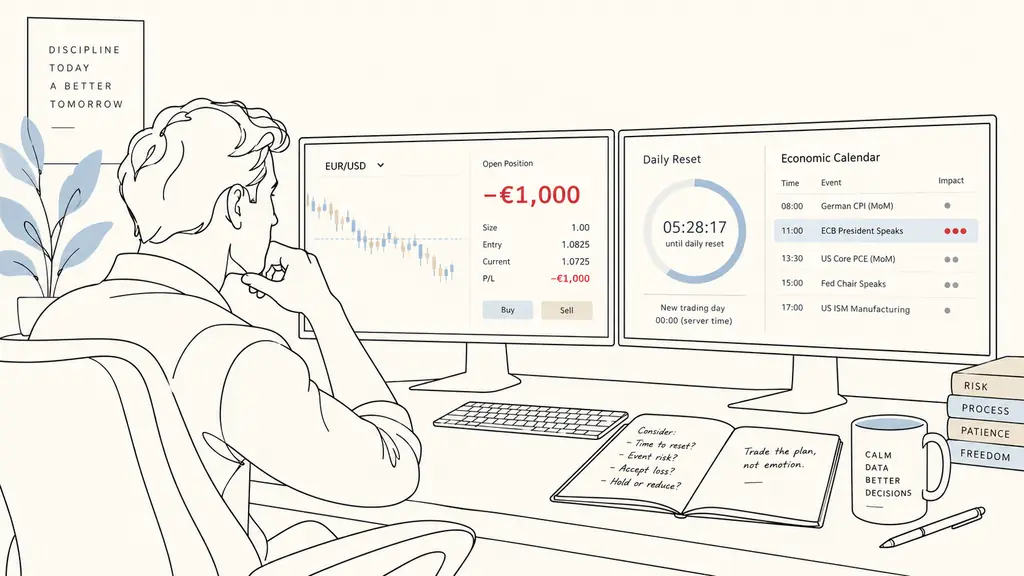 trader comparing an open one-thousand-euro loss with a daily reset clock and an economic calendar on two monitors